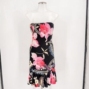Cache Black and Pink Floral Strapless Dress